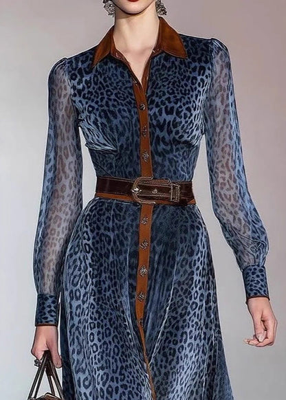 Modern Blue Leopard Print Turn-Down Collar Patchwork Chiffon Belted Dresses Fall