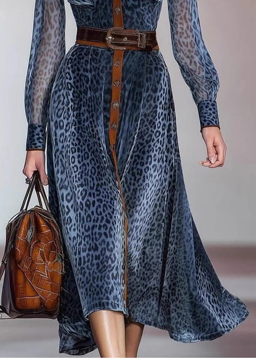 Modern Blue Leopard Print Turn-Down Collar Patchwork Chiffon Belted Dresses Fall