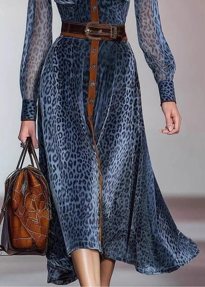 Modern Blue Leopard Print Turn-Down Collar Patchwork Chiffon Belted Dresses Fall