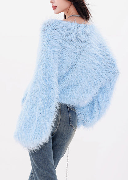 Modern Blue O-Neck Cozy Cotton Knit Sweaters Batwing Sleeve