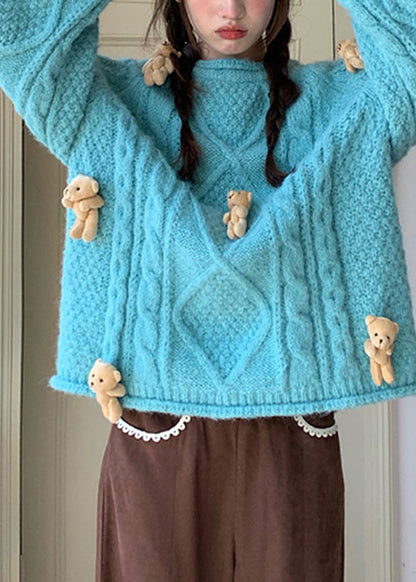 Modern Blue O-Neck Little Bear Thick Cotton Knit Sweaters Fall