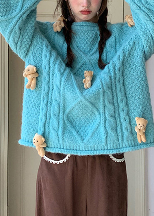 Modern Blue O-Neck Little Bear Thick Cotton Knit Sweaters Fall