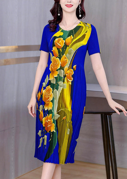 Modern Blue O-Neck Print Maxi Dress Short Sleeve