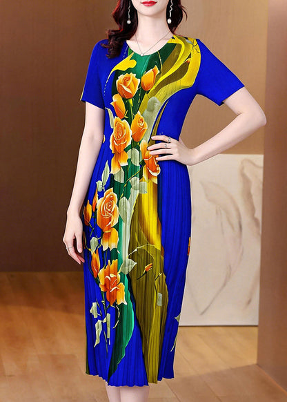 Modern Blue O-Neck Print Maxi Dress Short Sleeve