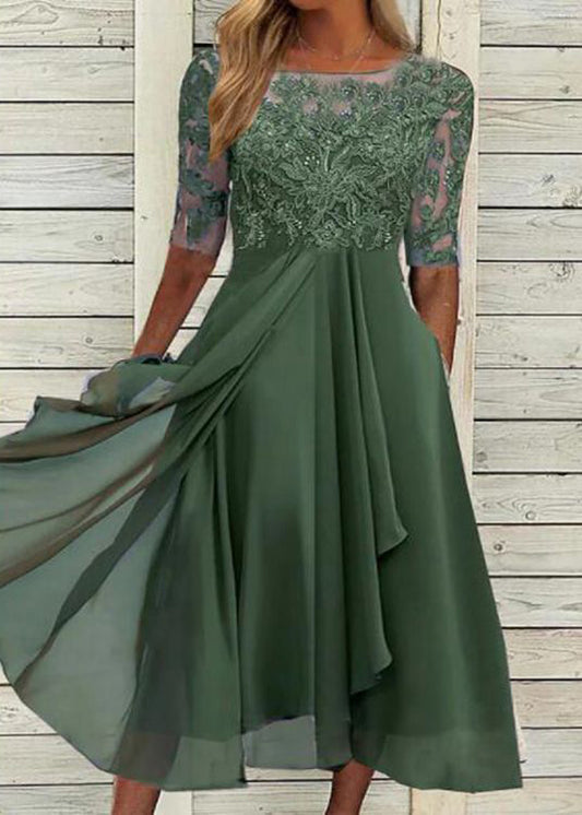 Modern Blue O Neck Ruffled Lace Patchwork Chiffon Dress Summer