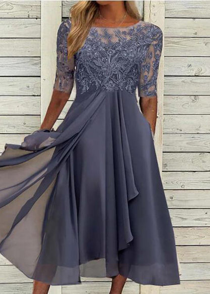 Modern Blue O Neck Ruffled Lace Patchwork Chiffon Dress Summer