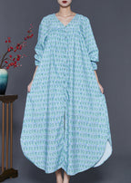 Modern Blue Oversized Print Side Open Cotton Ankle Dress Spring