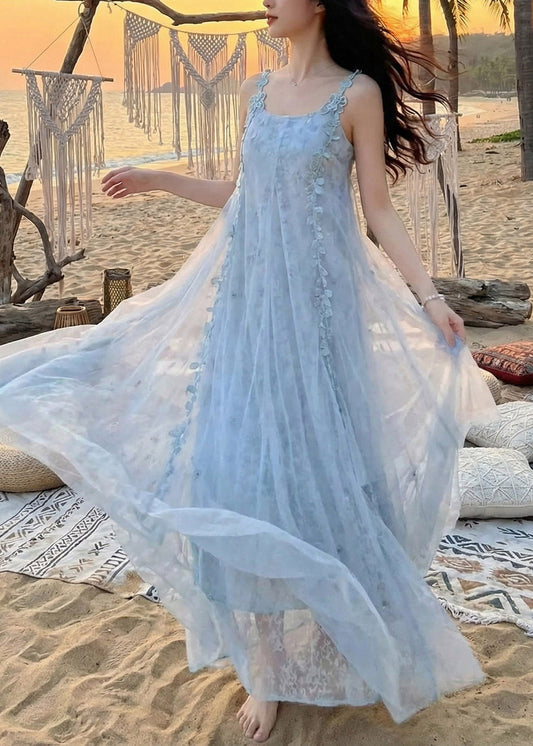Modern Blue Patchwork Floral Butterfly Holiday Tulle Long Dress Summer