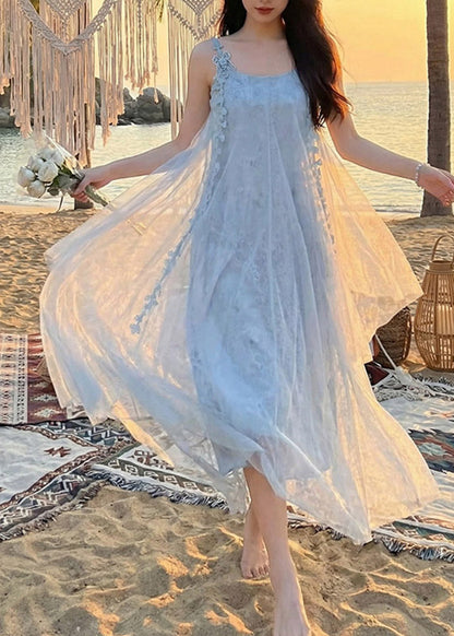 Modern Blue Patchwork Floral Butterfly Holiday Tulle Long Dress Summer