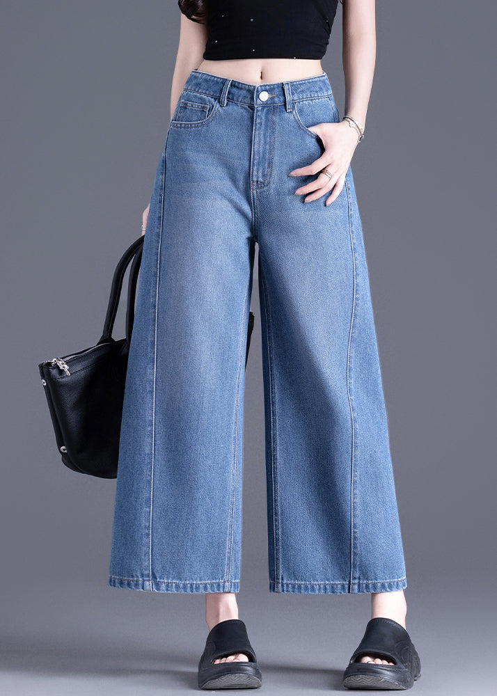 Modern Blue Pockets High Waist Denim Crop Pants Spring