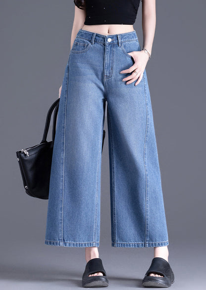 Modern Blue Pockets High Waist Denim Crop Pants Spring