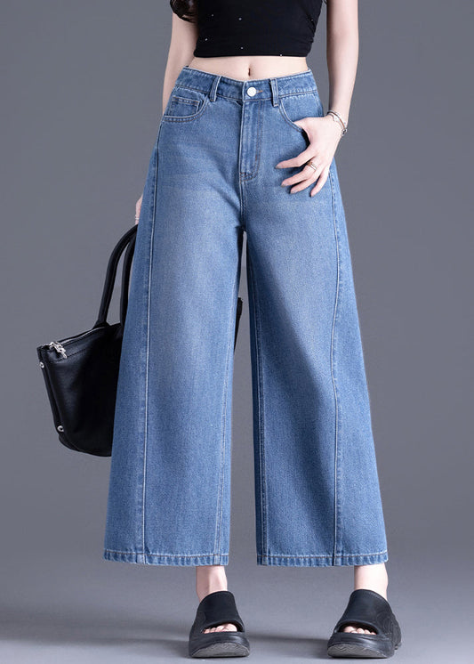 Modern Blue Pockets High Waist Denim Crop Pants Spring