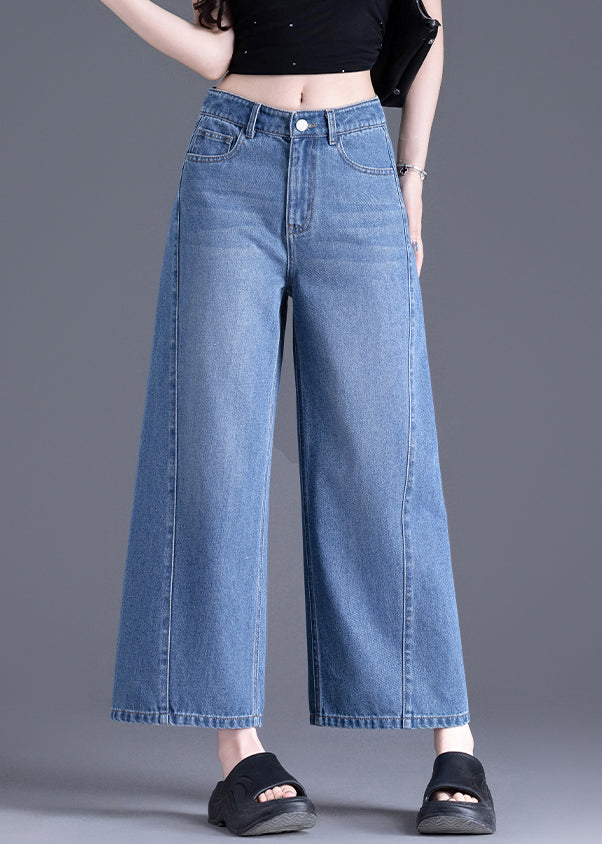 Modern Blue Pockets High Waist Denim Crop Pants Spring