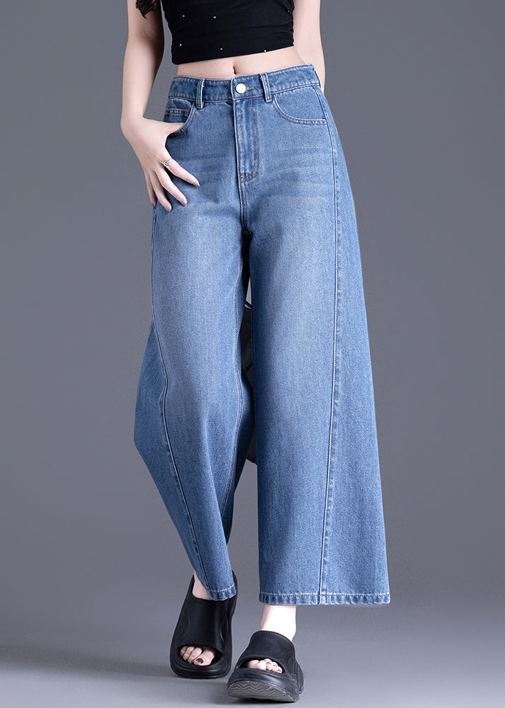Modern Blue Pockets High Waist Denim Crop Pants Spring