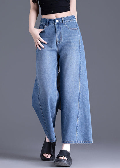 Modern Blue Pockets High Waist Denim Crop Pants Spring