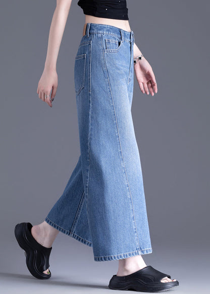 Modern Blue Pockets High Waist Denim Crop Pants Spring
