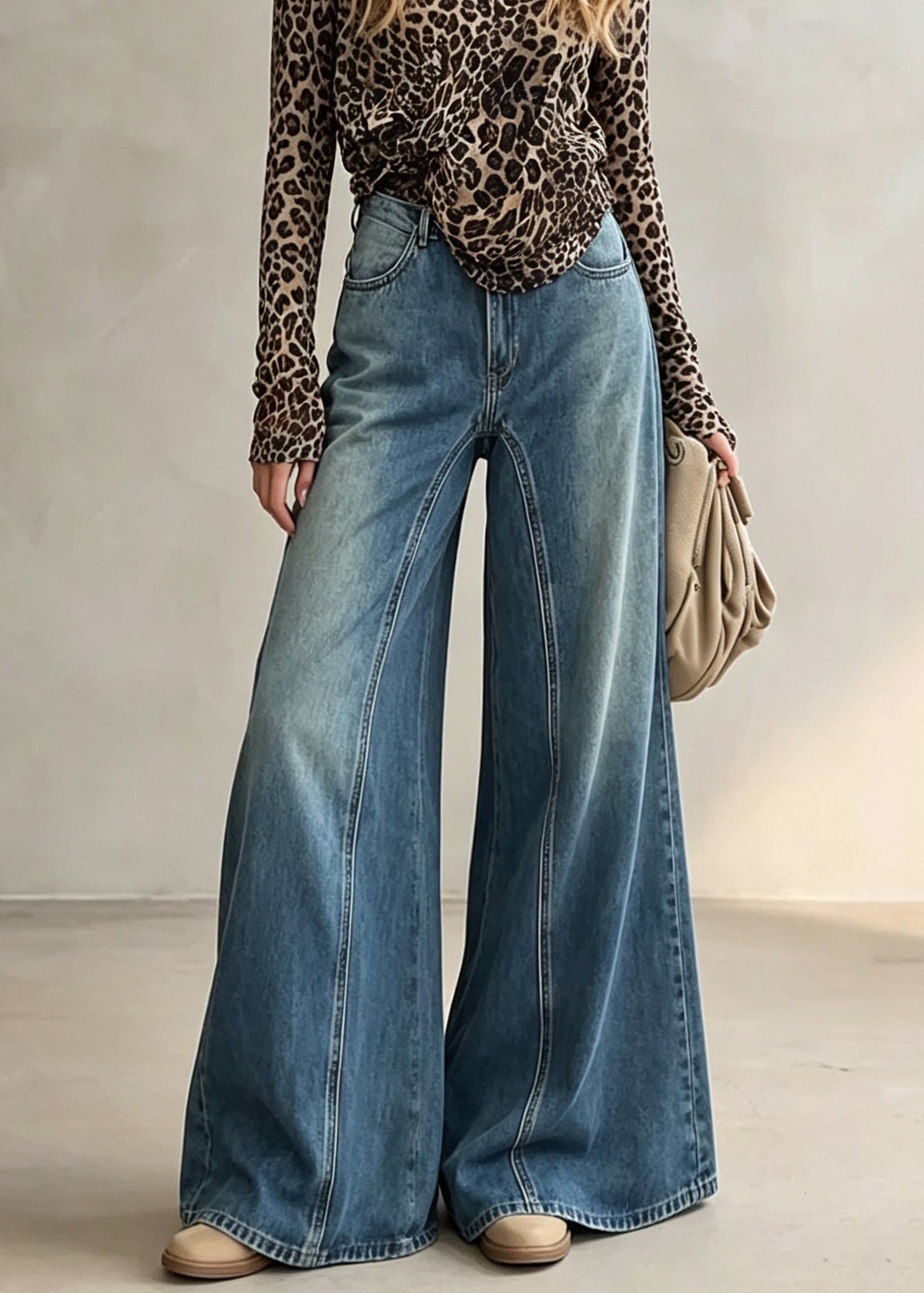 Modern Blue Pockets Patchwork Denim Flared Trousers Fall