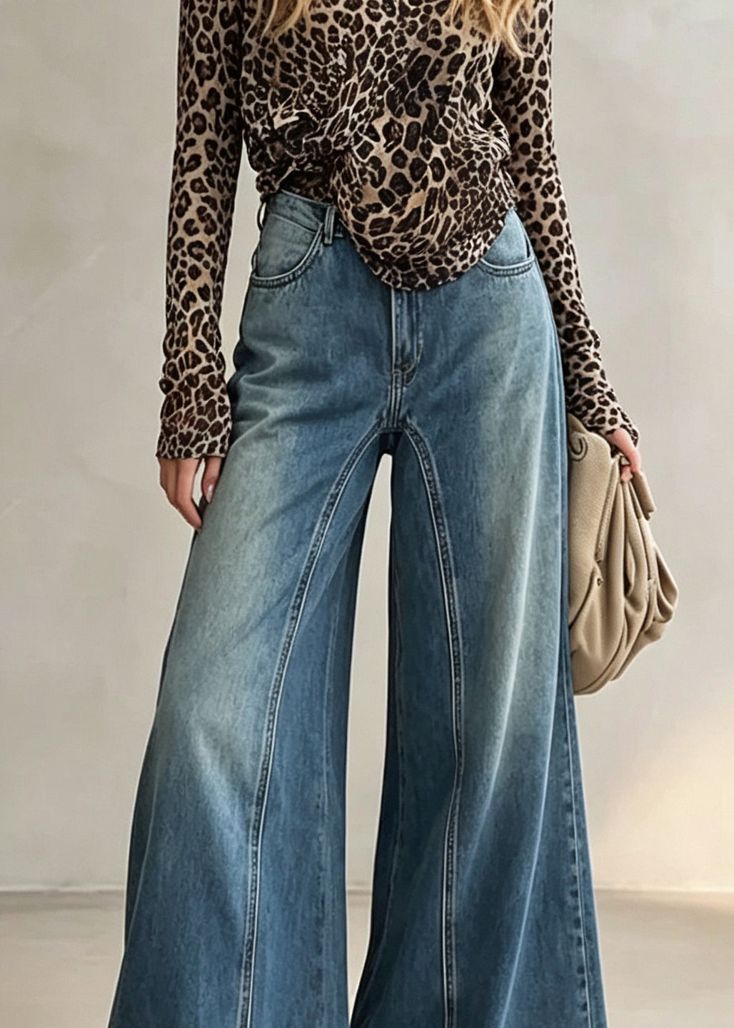 Modern Blue Pockets Patchwork Denim Flared Trousers Fall