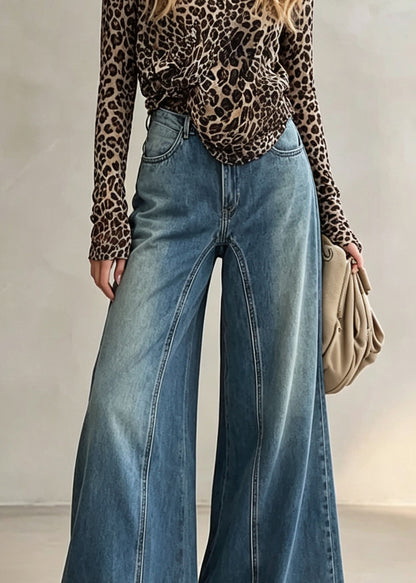 Modern Blue Pockets Patchwork Denim Flared Trousers Fall