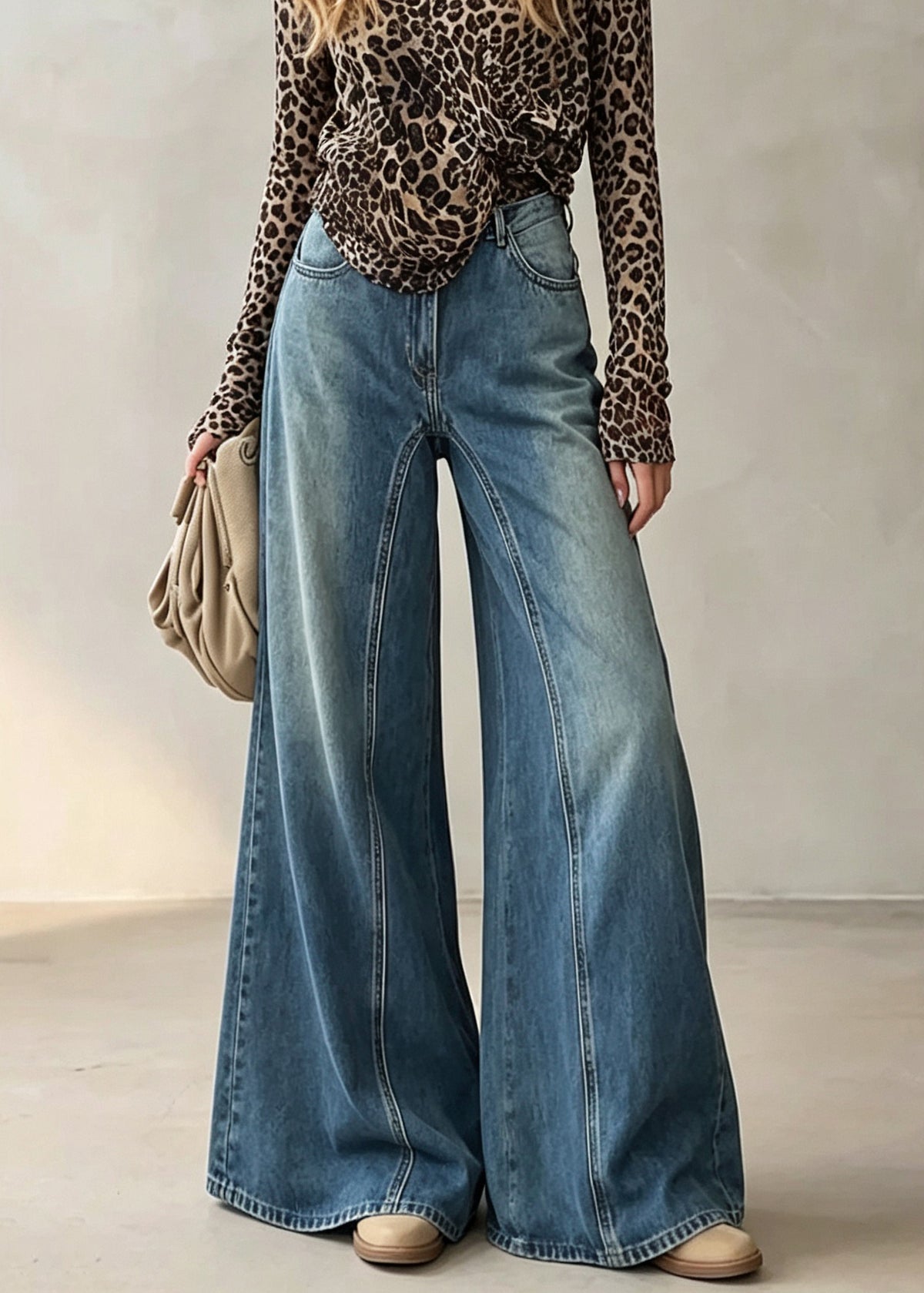 Modern Blue Pockets Patchwork Denim Flared Trousers Fall