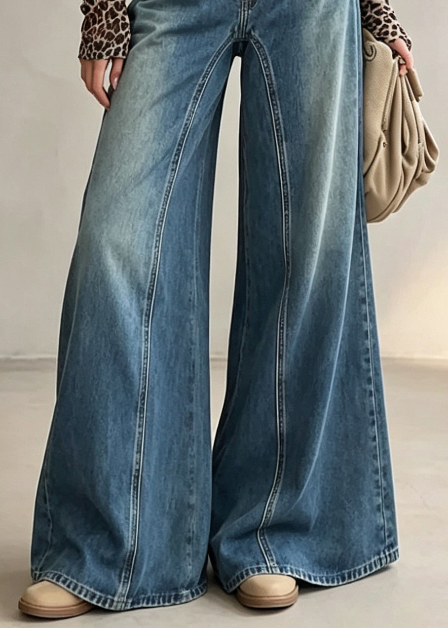 Modern Blue Pockets Patchwork Denim Flared Trousers Fall