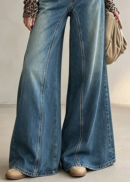 Modern Blue Pockets Patchwork Denim Flared Trousers Fall