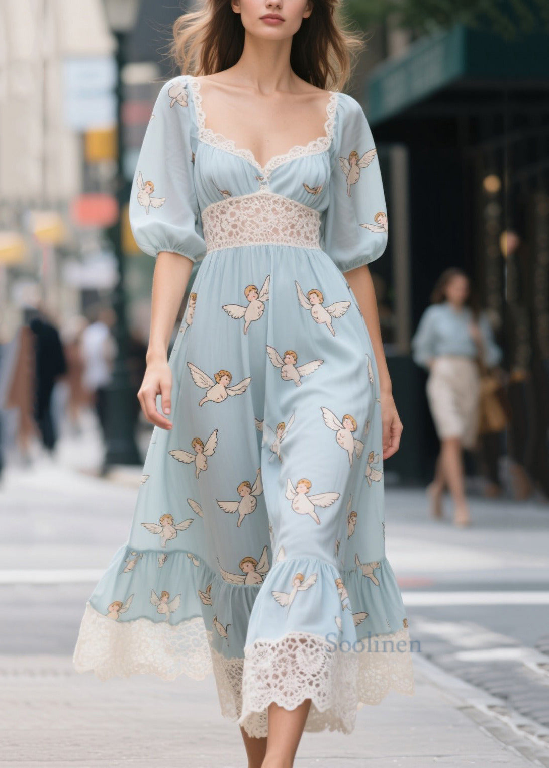 Modern Blue Print Lace Patchwork Chiffon Maxi Dresses Summer