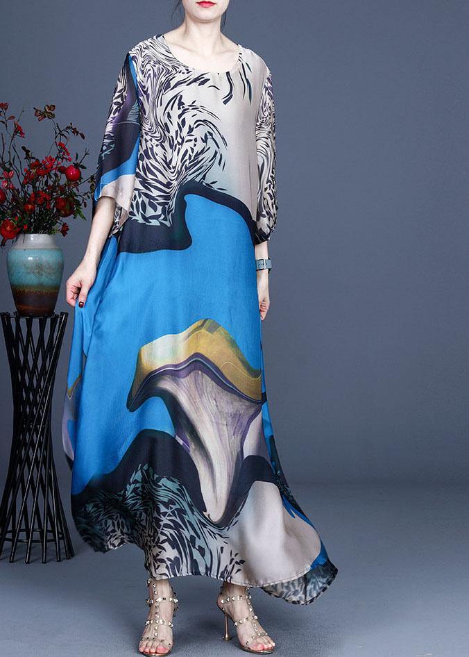 Modern Blue Print asymmetrical design Casual Summer Silk Long Dress - SooLinen