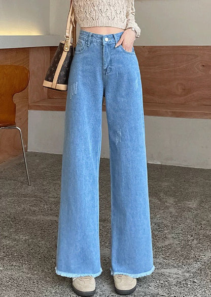 Modern Blue Raw Edge High Waist Denim Pants Spring