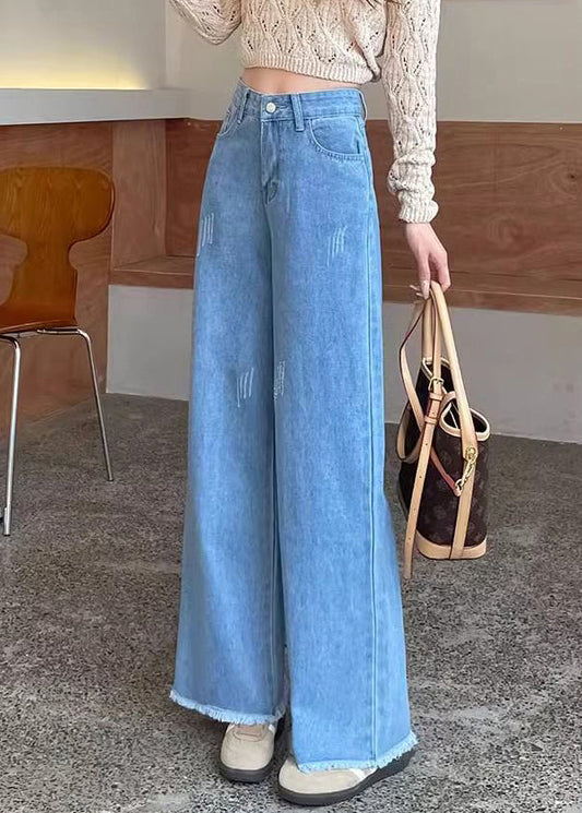 Modern Blue Raw Edge High Waist Denim Pants Spring