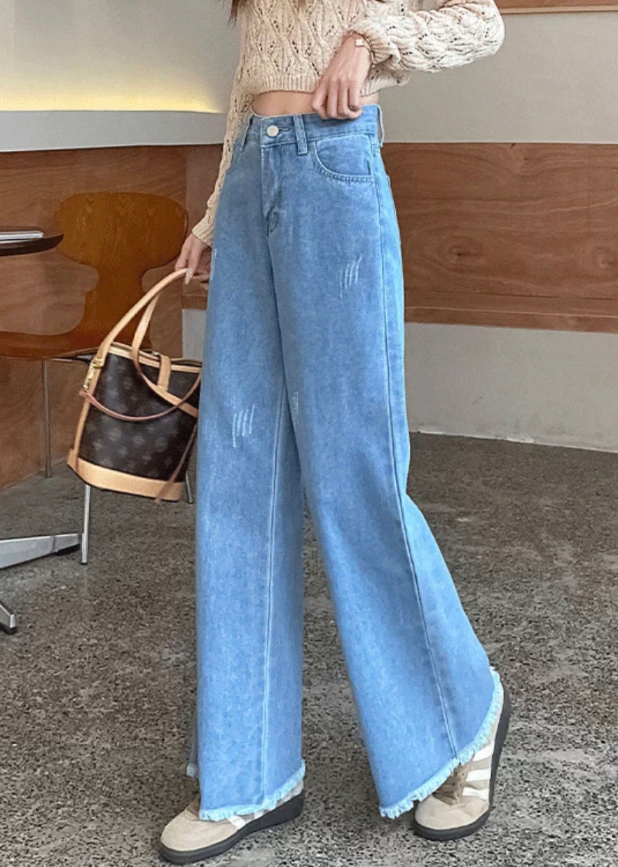Modern Blue Raw Edge High Waist Denim Pants Spring