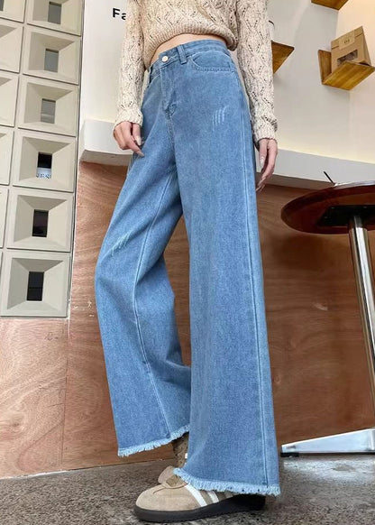 Modern Blue Raw Edge High Waist Denim Pants Spring