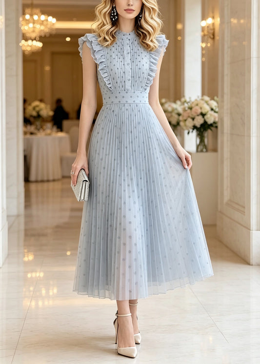 Modern Blue Ruffled Patchwork Dot Vacation Maxi Dresses Sleeveless
