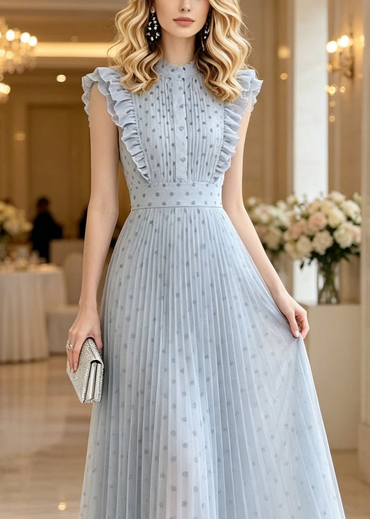 Modern Blue Ruffled Patchwork Dot Vacation Maxi Dresses Sleeveless