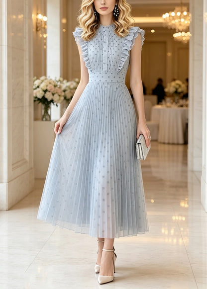 Modern Blue Ruffled Patchwork Dot Vacation Maxi Dresses Sleeveless