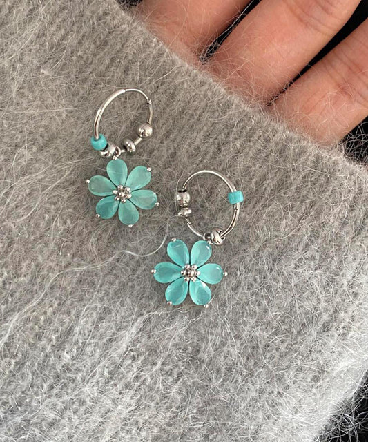 Modern Blue Stainless Steel Floral Hoop Earrings