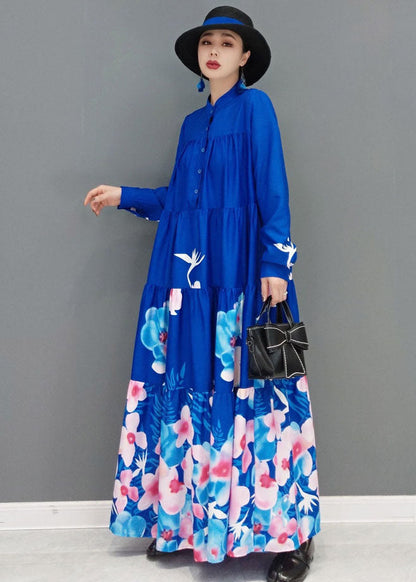 Modern Blue Stand Collar Print Exra Large Hem Cotton A Line Dress Long Sleeve