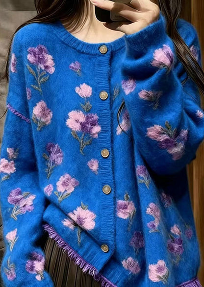 Modern Blue Stereoscopic Floral Mink Hair Knitted Cardigan Fall