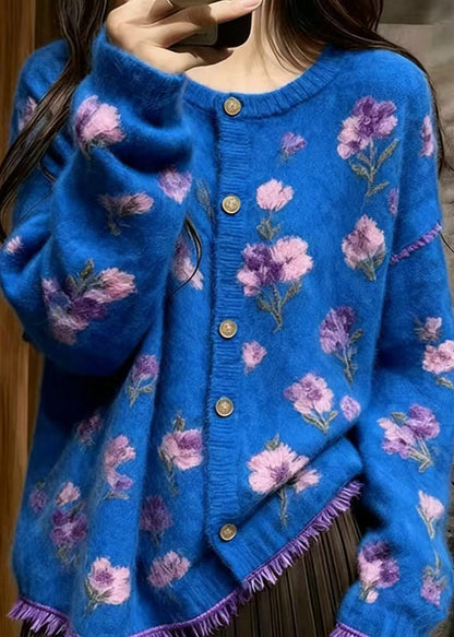 Modern Blue Stereoscopic Floral Mink Hair Knitted Cardigan Fall