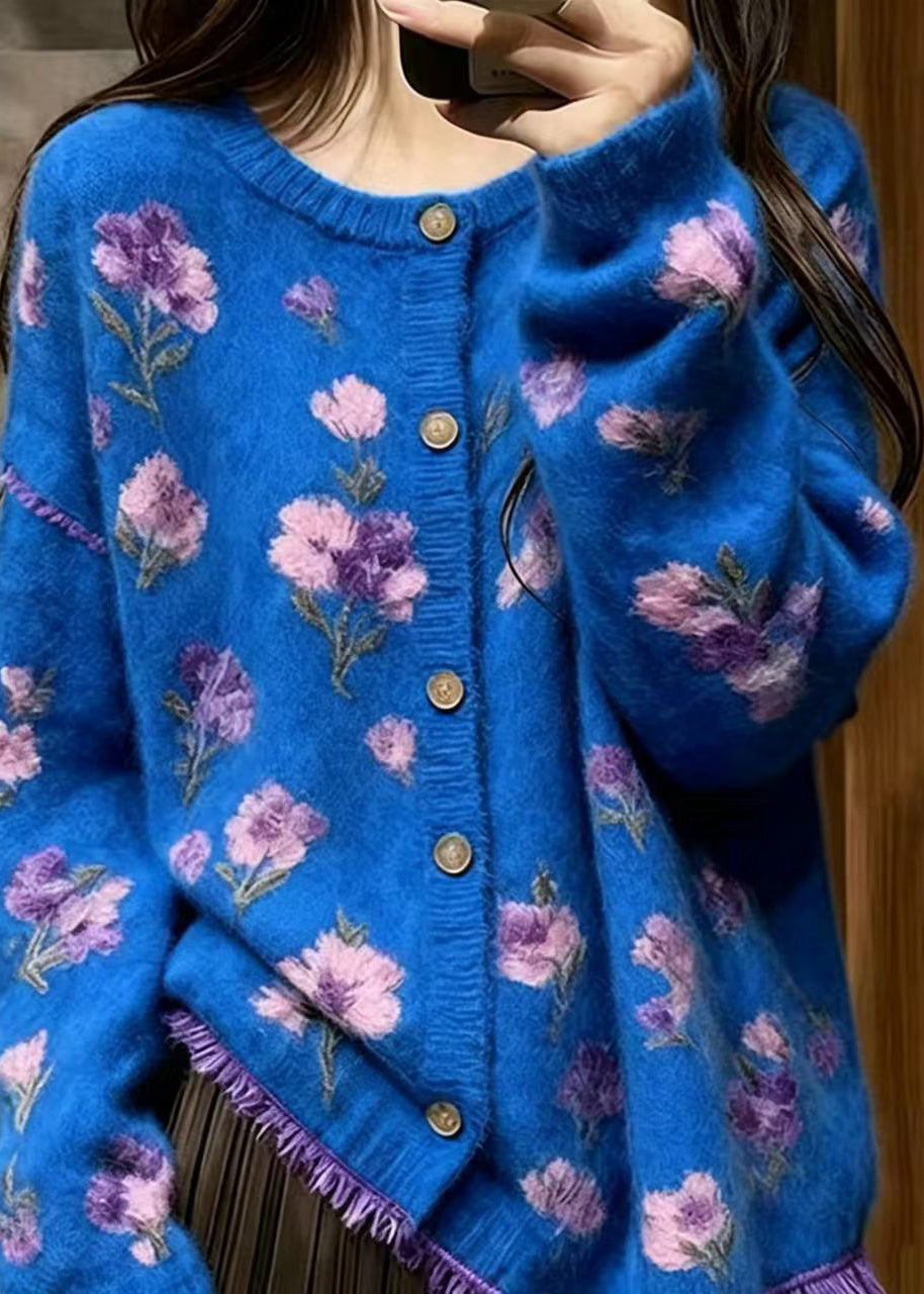 Modern Blue Stereoscopic Floral Mink Hair Knitted Cardigan Fall