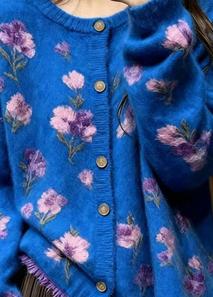 Modern Blue Stereoscopic Floral Mink Hair Knitted Cardigan Fall
