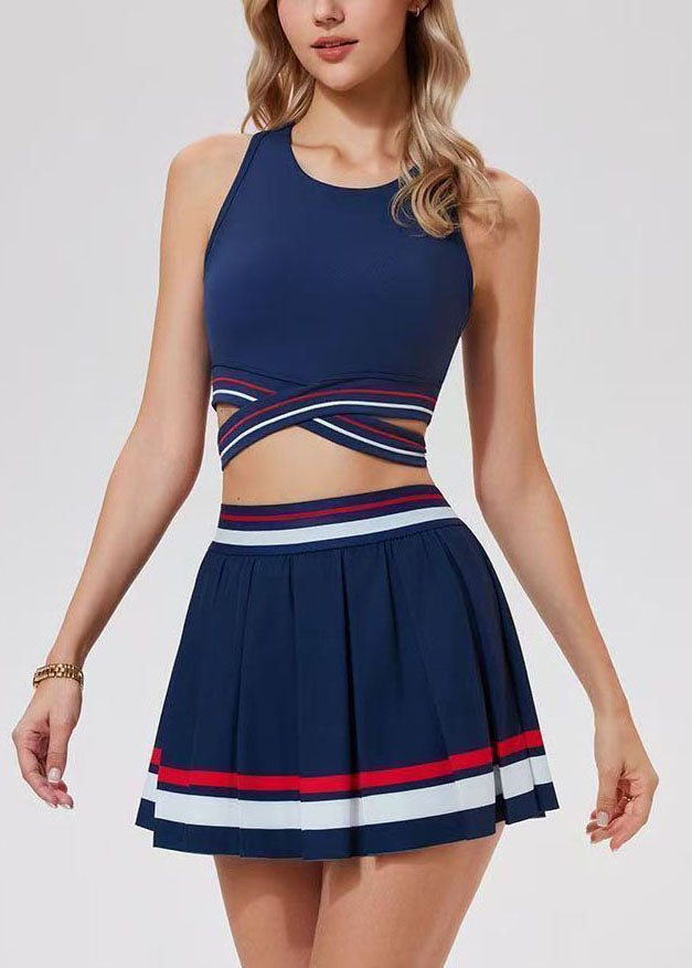 Modern Blue Striped Patchwork Tennis Sportswear Two-Piece Set Sleeveless