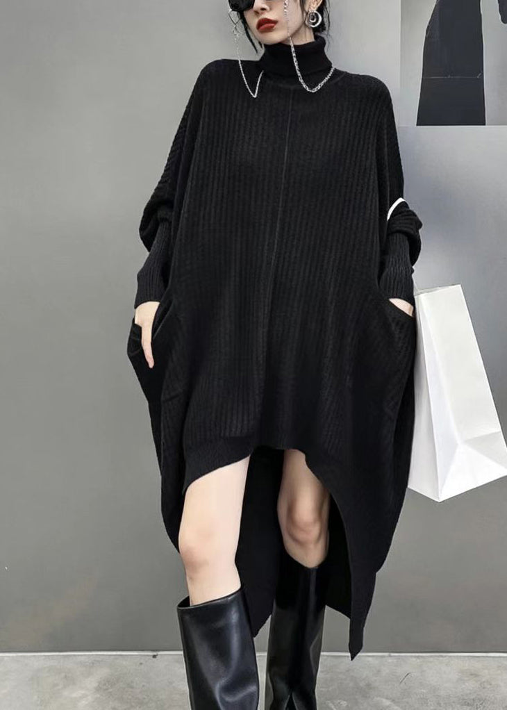 Modern Blue Turtleneck Pockets Asymmetrical Knitwear Dress Fall