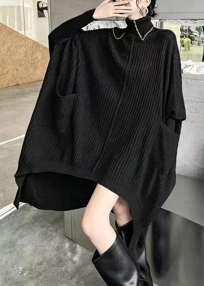 Modern Blue Turtleneck Pockets Asymmetrical Knitwear Dress Fall