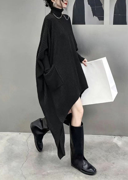 Modern Blue Turtleneck Pockets Asymmetrical Knitwear Dress Fall