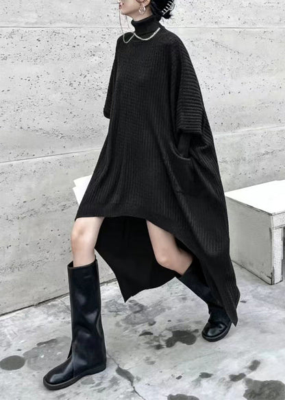 Modern Blue Turtleneck Pockets Asymmetrical Knitwear Dress Fall