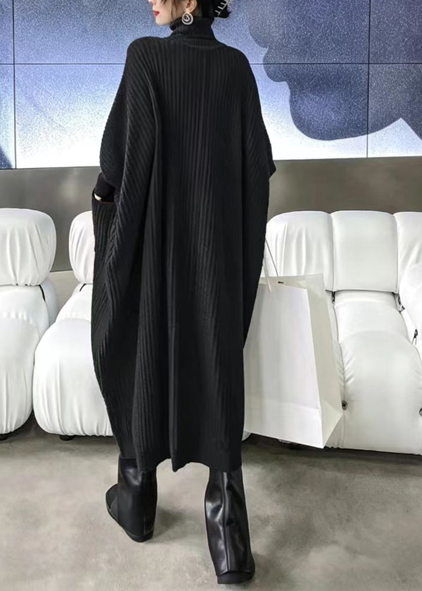 Modern Blue Turtleneck Pockets Asymmetrical Knitwear Dress Fall