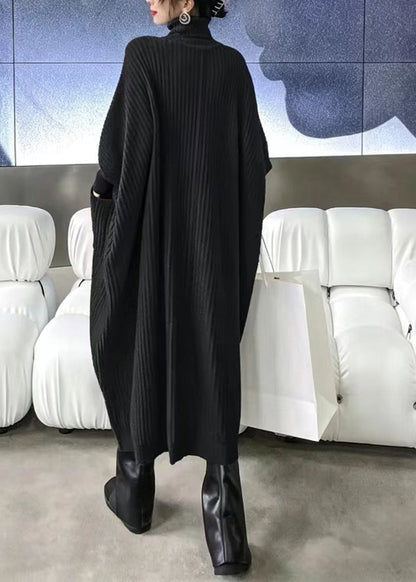 Modern Blue Turtleneck Pockets Asymmetrical Knitwear Dress Fall