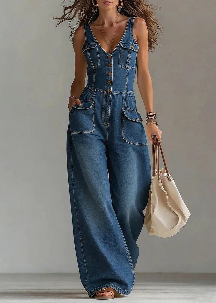 Modern Blue V Neck Denim Jumpsuit Wide Leg Pants Summer