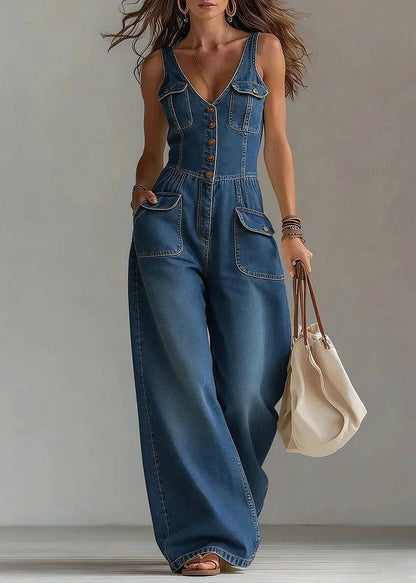 Modern Blue V Neck Denim Jumpsuit Wide Leg Pants Summer